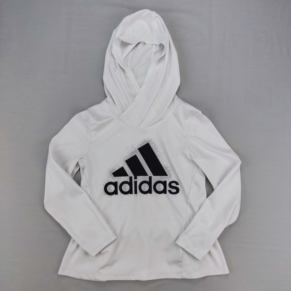 Adidas Hoodie Girls Size 6 White Logo Peplum Hem Long Sleeve Active Sweatshirt